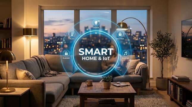 Modern smart home living room showcasing IoT connectivity and cozy evening ambiance