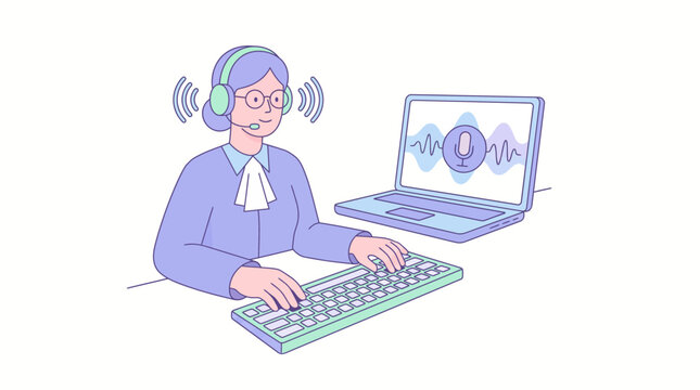 Professional court reporter or legal transcriber using voice-to-text technology and headset to transcribe audio recordings on computer