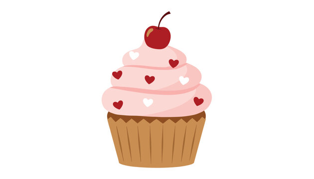 Sweet pink cupcake decorated with small hearts and a single red cherry on top over a plain white background.
