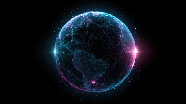 Digital globe of interconnected glowing lines and nodes against dark background