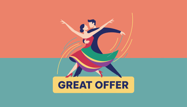Elegant couple dancing together passionately on a dual colored background with the text Great Offer below.