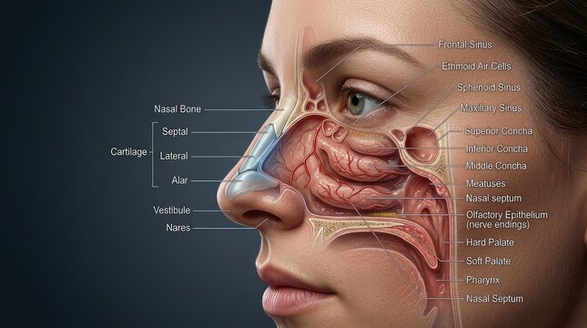 Detailed human nose anatomy cross-section with medical data overlay Close-up