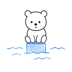 An illustration themed around global warming and climate change, featuring a lone polar bear cub drifting on a melting ice floe in the ocean. Isolated on a transparent background © Dmytriy