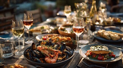 Fototapeta premium A lifestyle Mediterranean seafood dinner table scene with shared plates, seafood dishes, wine glasses, and natural evening light