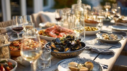 Fototapeta premium A lifestyle Mediterranean seafood dinner table scene with shared plates, seafood dishes, wine glasses, and natural evening light