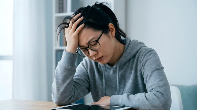 Stressed young woman wearing black glasses resting her hand on her forehead while sitting at a desk feeling very exhausted