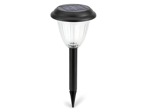 A single solar powered garden stake light with a clear ribbed lens and black plastic housing.
