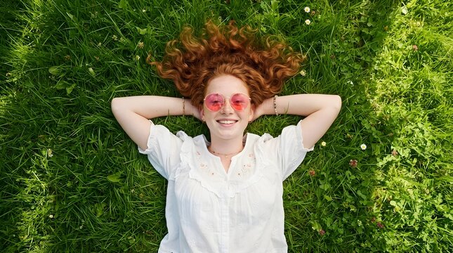 Happy young woman with curly red hair and pink sunglasses lying comfortably on green grass during a sunny summer afternoon