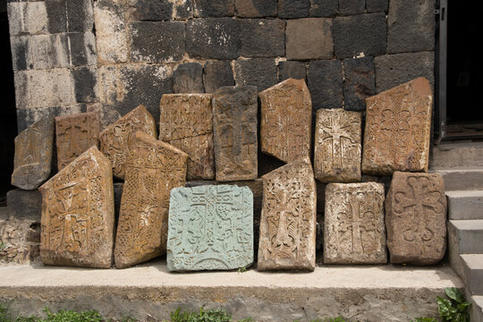 Ancient Armenian cross-stones, or *khachkars*, are carved into stone.