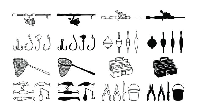 Fishing gear icons set, black and white fishing tackle silhouettes, professional angler equipment collection, vector fishing rod and hook illustrations