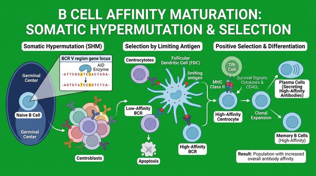 Scientific diagram illustrating B cell affinity maturation and somatic hypermutation process in a detailed educational medical infographic style