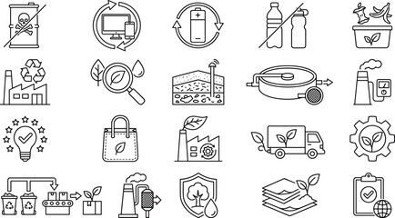 Fototapeta premium Sustainability and Circular Economy Line Icons Set with Recycling Green Manufacturing and Eco Certification