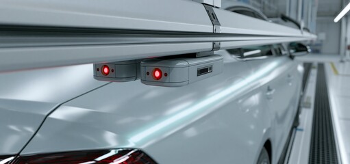 Obraz premium In a clean industrial setting, advanced AI sensors inspect the vehicle's paint for quality assurance.