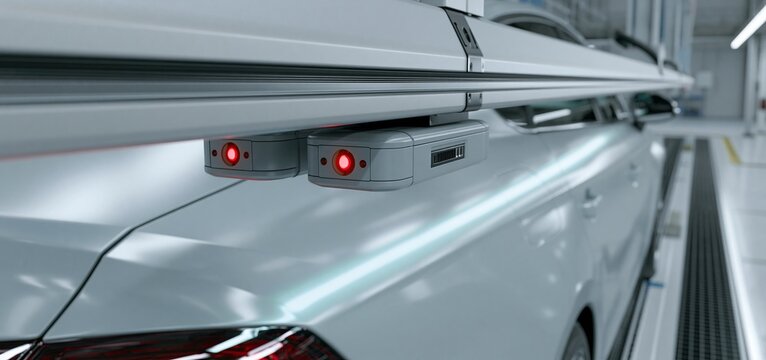 In a clean industrial setting, advanced AI sensors inspect the vehicle's paint for quality assurance.