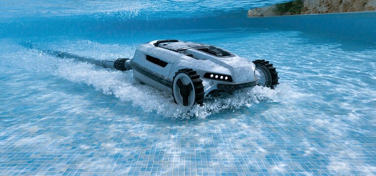 Robotic pool cleaner scrubbing blue tiles in a backyard pool, ensuring clear water and a hygienic environment.