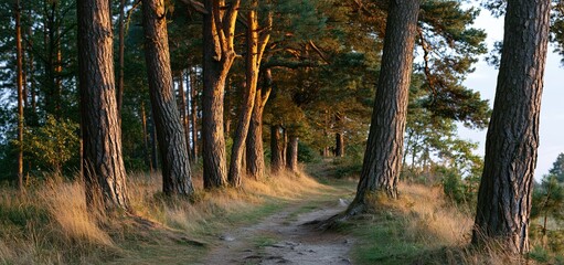 Naklejka premium A tranquil country trail framed by towering pine trees bathed in soft golden sunset light, ideal for nature and leisure themes.