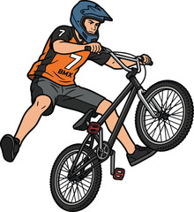 Obraz premium Dynamic BMX Rider Performing Mid Air Trick on Mountain Bike in Vector Illustration Style biker mountainbike midair action sport cycling