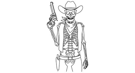 Fototapeta premium Skeleton Cowboy With Revolver Black Line Art Illustration On White Background