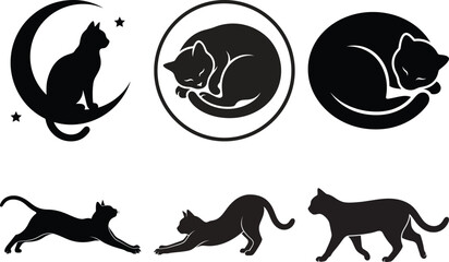 Obraz premium Black silhouette cats in different poses and moon background