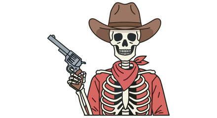Obraz premium Skeleton cowboy with revolver and hat colorful vector illustration on a white background