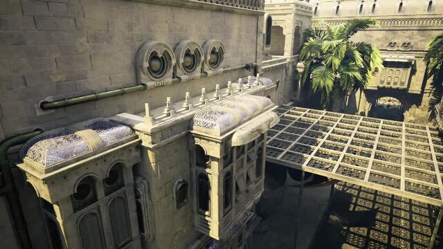 Sunlit sandstone courtyard with ornate pergola, casting intricate lattice shadows over tiled terraces and arched stone facades, lush palm foliage framing
