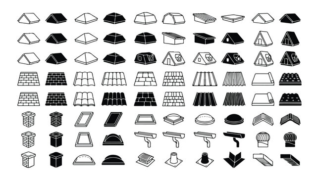 Roofing construction icon set, 80 architectural roof types and house top elements, black and white vector symbols for building design and renovation
