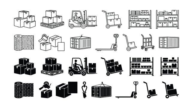 Logistics and warehouse icon set, 24 shipping and delivery vector elements, industrial storage equipment and cardboard boxes for supply chain management