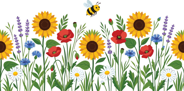 Seamless border with sunflowers poppies daisies and lavender flowers with a flying bee in flat vector illustration