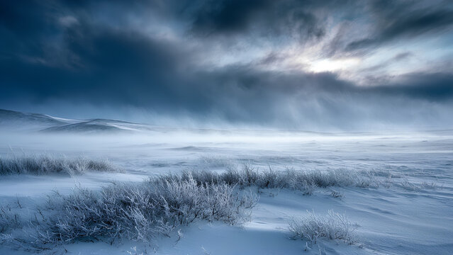 Vast Arctic Tundra Landscape with Frozen Hills and Blizzard Storm Clouds