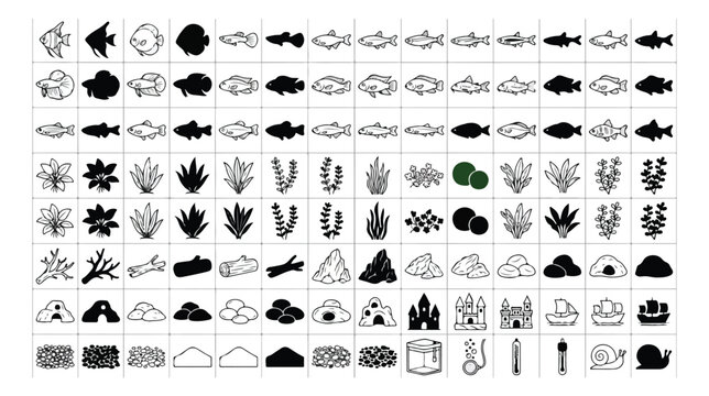 Aquarium fish and underwater decor icons, 112 aquatic life vector elements, black and white fish silhouettes and tank accessories set