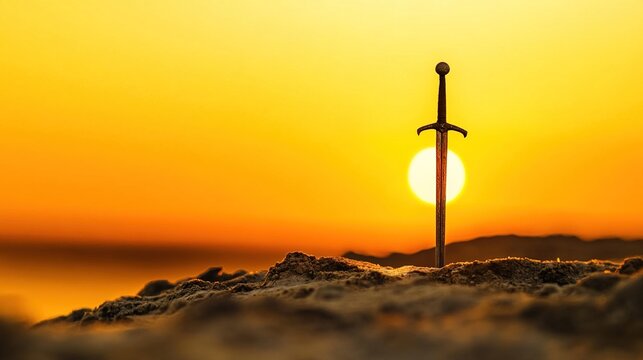 battlefield. Sunset over ancient battlefield ruins with a broken spear in the earth. inspiring travel planning, travel magazines, designed for outdoor magazines and nature guides.