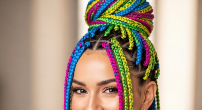 close-up portrait of a smiling woman with colorful neon box braids styled into a high top bun