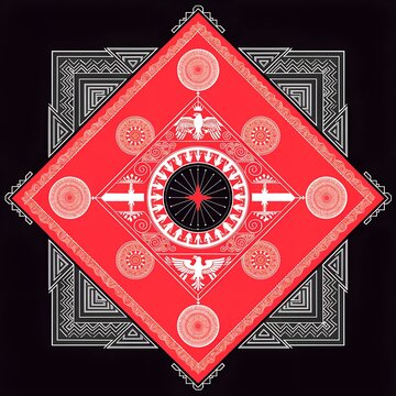 Symmetrical geometric mandala with red diamond white bird motifs black circular center intricate line patterns layered square design cultural decorative heritage art generated ai