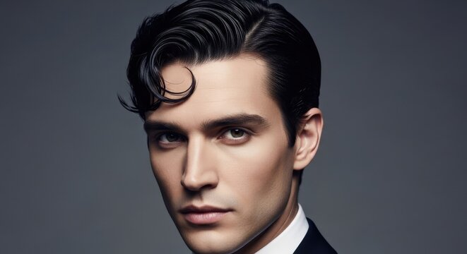 portrait of a elegant man with a classic side-part pompadour hairstyle on a dark grey backdrop