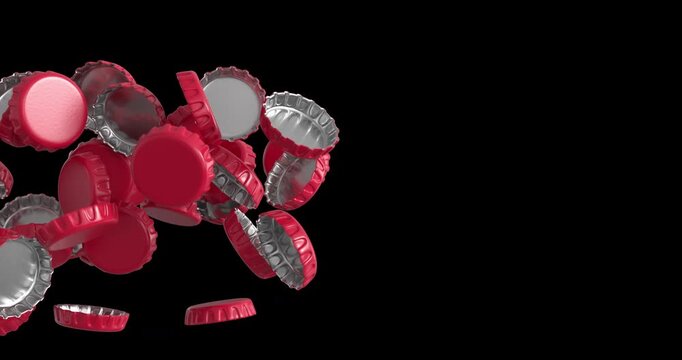Red bottle caps move across the screen and create a dynamic beverage-themed transition. Includes 4K resolution with alpha channel.