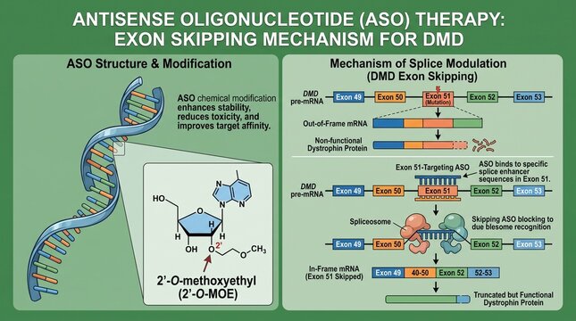 Antisense Oligonucleotide ASO Therapy Exon Skipping Mechanism for DMD Diagram