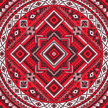Circular geometric mandala with red black white pink nested diamonds triangles zigzags concentric  symmetry cultural textile mosaic decorative art complex arrangement generated ai