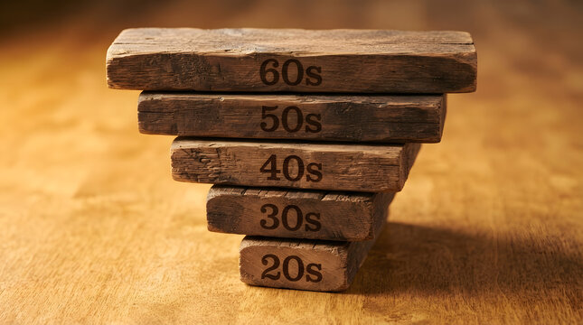 Wooden Blocks Representing Life Stages from 20s to 60s | Concept of Aging and Maturity Over Decades | Symbolic representation of time passing and personal growth | Retirement and life planning