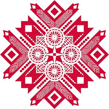 Symmetrical geometric mandala snowflake design with red and white diamonds triangles chevrons circular motifs and intricate line details cultural ornamentation art generated ai