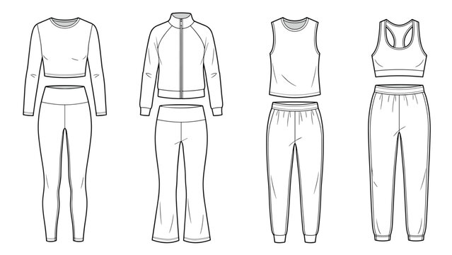yoga fitness set flat sketch vector illustration sports bra and flare pants technical cad drawing template transparent background