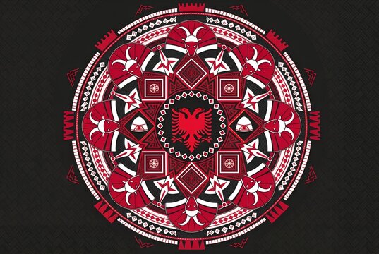   
Circular mandala geometric design with symmetrical eagle motif concentric red white black    layers intricate diamonds triangles crowns cultural symbolism and balance  generated ai