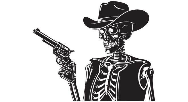 Skeleton Cowboy With Revolver Black Silhouette Against White Background gunslinger western