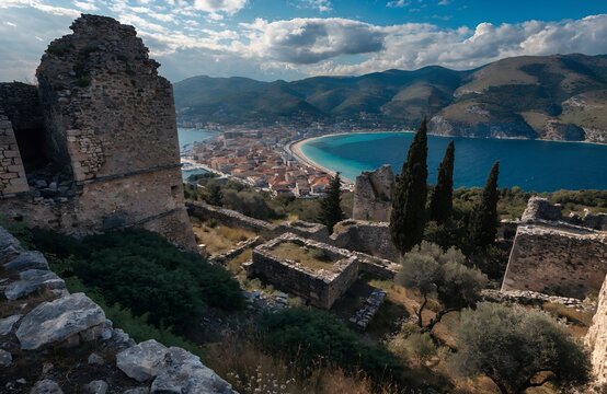 Ancient stone ruins overlooking coastal bay with seaside town clustered along shoreline mountains greenery and partly cloudy sky blending history and natural beauty generated ai