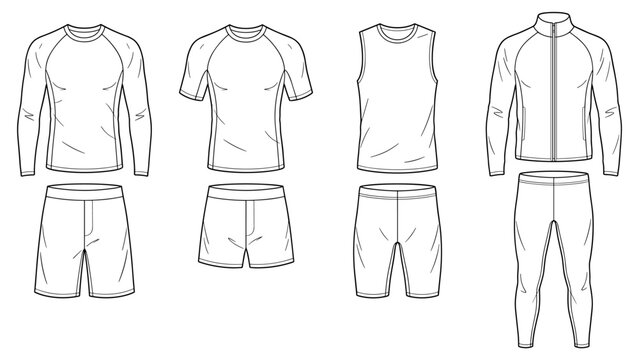 sports compression wear set flat sketch vector illustration mens activewear shirt and leggings technical cad drawing template transparent background