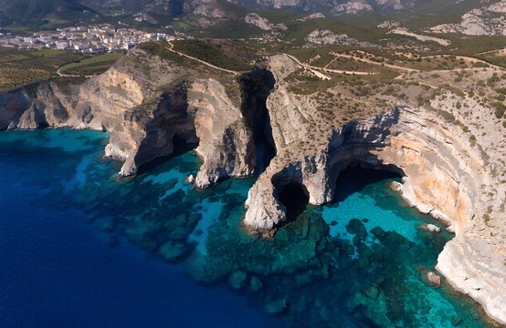 Coastal cliffs with sea caves arches turquoise water submerged rocks town settlement and mountain backdrop showcasing dramatic land and sea interaction landscape generated ai
