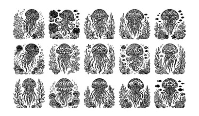 Jellyfish Ocean Scene Vector Set Coloring Page Collection with Coral Seaweed Fish and Shells Illustration Bundle © MdShagarAli