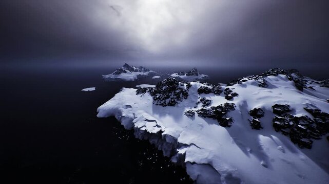 close highaltitude study of frozen shoreline textures, crisp snow details, scattered rock mosaics and shallow coastal water, ideal for texture and background