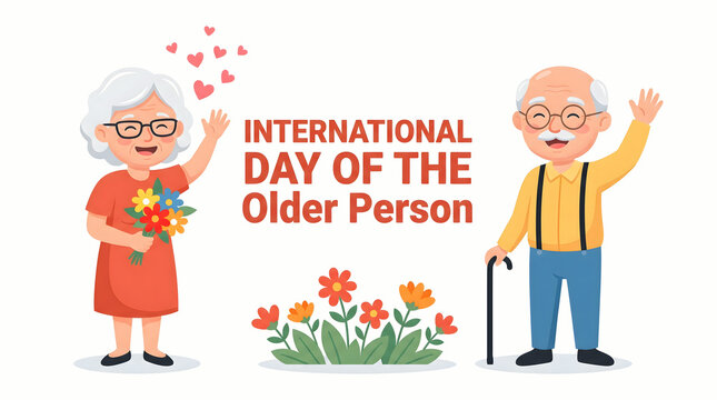 Happy International Day of the Older Person illustration with senior couple and flowers