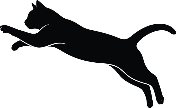 Black cat silhouette mid-air jumping and running