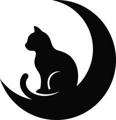 Black silhouette cat sitting inside crescent moon shape © MdMominul